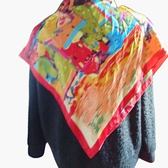 MOSI Silk Scarf Colorful Abstract Art 35x35 Inches Red Border - Picture 4 of 11